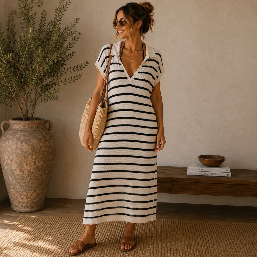 Women's Ivory + Black Striped Maxi Swim Cover Up Size Large
